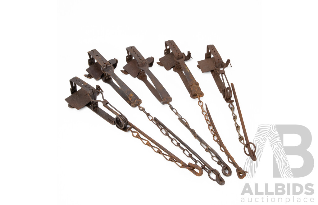 Collection of Five Vintage Metal Rabbit Traps