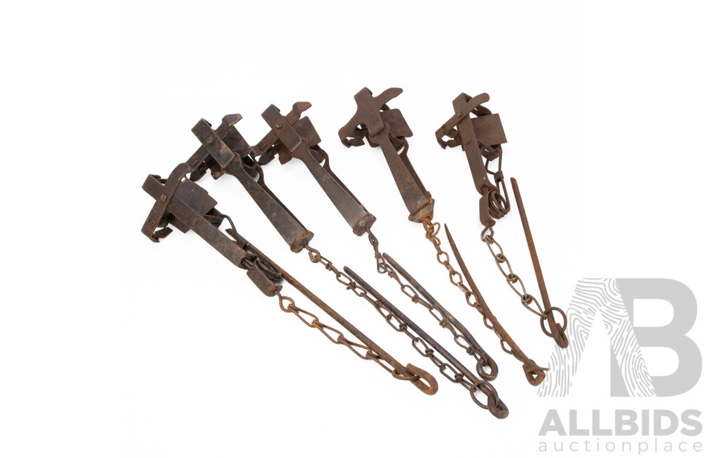 Collection of Five Vintage Metal Rabbit Traps