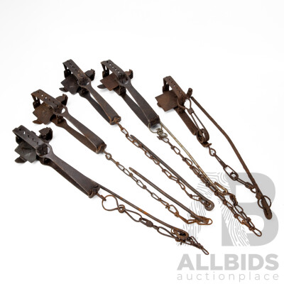 Collection of Five Vintage Metal Rabbit Traps