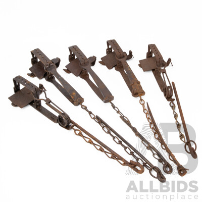 Collection of Five Vintage Metal Rabbit Traps