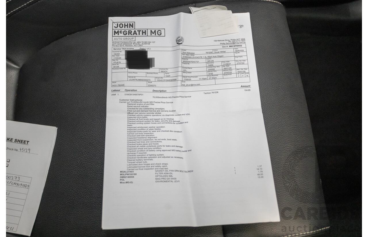 12/2021 MG ZS Excite AZS1 MY21 4D Wagon Dover White 1.5L