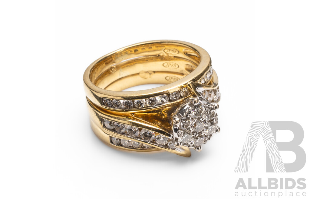 18ct Yellow Gold Diamond Engagement, Wedder & Eternity Ring Set - Size M