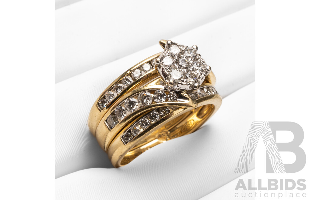 18ct Yellow Gold Diamond Engagement, Wedder & Eternity Ring Set - Size M