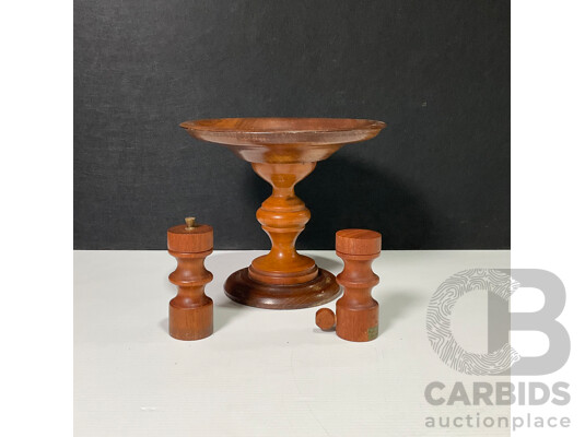 Wooden Pedestal Cake Stand and Matching Salt and Pepper Grinder