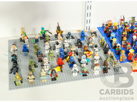 Collection of Lego Figures with Accessories Including Star Wars, Prospector, Construction, Cowboy, Fire Fighters and More