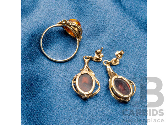 Vintage 925 Sterling Silver Amber Earrings & Ring - Size R.5