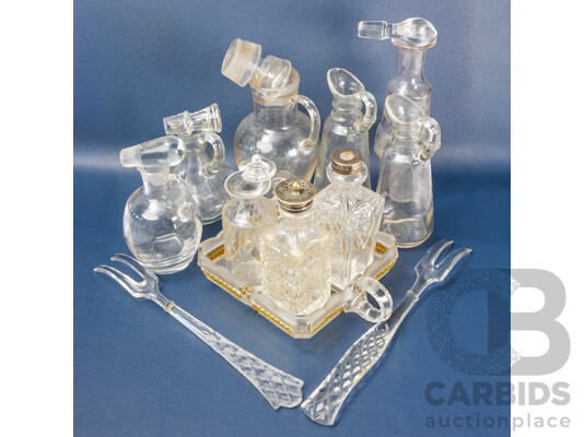 Collection of Antique Glassware Including Oil and Vinegar Pitchers, Cruet Pourers, Etched and Cut Glass, Frosted/Amber Berry Bowl, Glass Salad Serving Forks