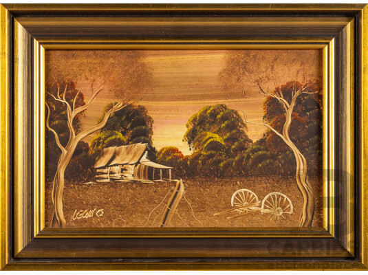 Frank Lewis, (20th Century, Australian), Lone Shed at Dusk & Lone Shed with Wind Mill (^c1982), Pair of Original Oil on Boards, 27H x 37W cm (frames) (2)