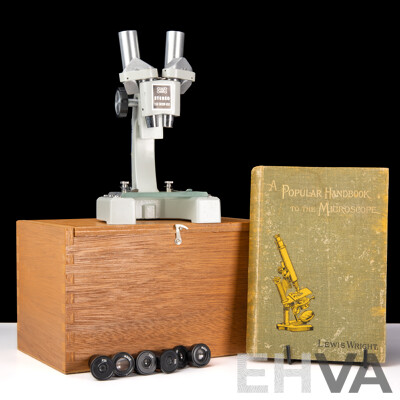 Science World Microscope in Wooden Case Along with a Popular Handbook of the Microscope, L Wright, 1895