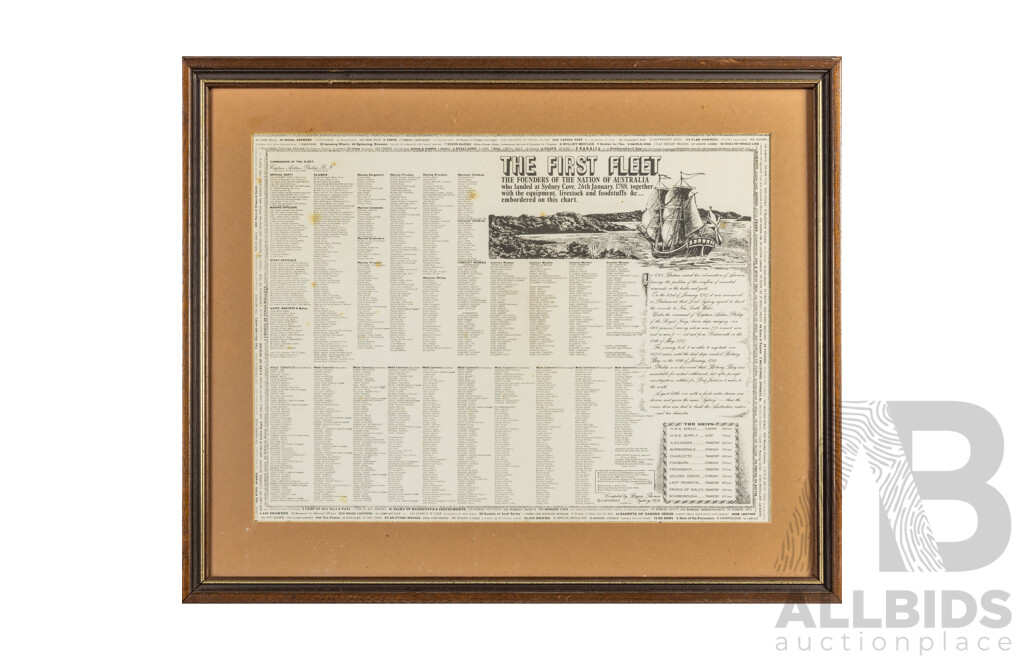 The First Fleet 1788: the Founders of the Nation of Australia: Bicentennial Edition (1988), Historical Commemorative Poster Researched & Compiled by Bryan Thomas, 59H x 71W cm (frame)