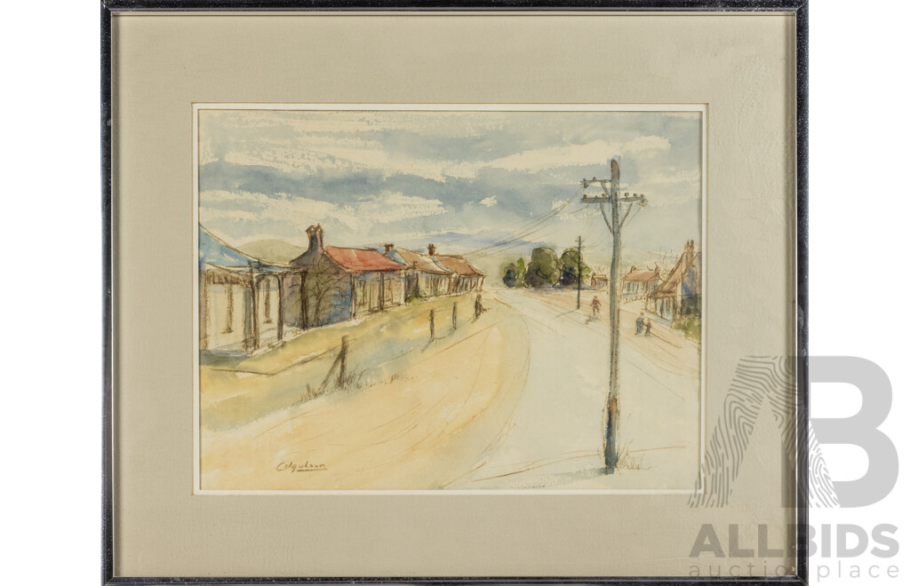 Enid Colquloun (20th Century, Australian, 1927-), Edge of Town, Braidwood NSW, Original Vintage Watercolour, 52H x 62W cm (frame)