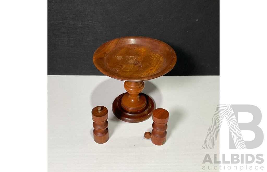 Wooden Pedestal Cake Stand and Matching Salt and Pepper Grinder