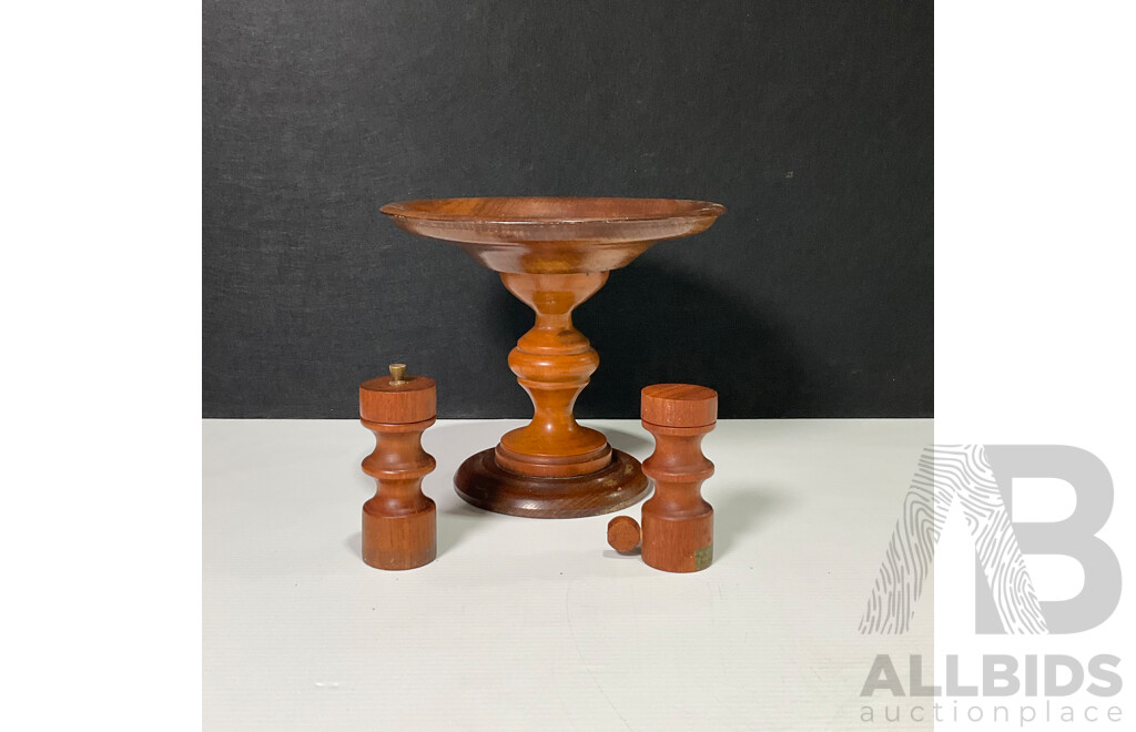 Wooden Pedestal Cake Stand and Matching Salt and Pepper Grinder