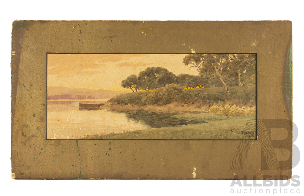 Henri Tebbitt (19/20th Centuries, French-Born British Australian, 1852-1926), Golden Hour River Landscape, Antique Watercolour, 30H x 53W cm (mat board)