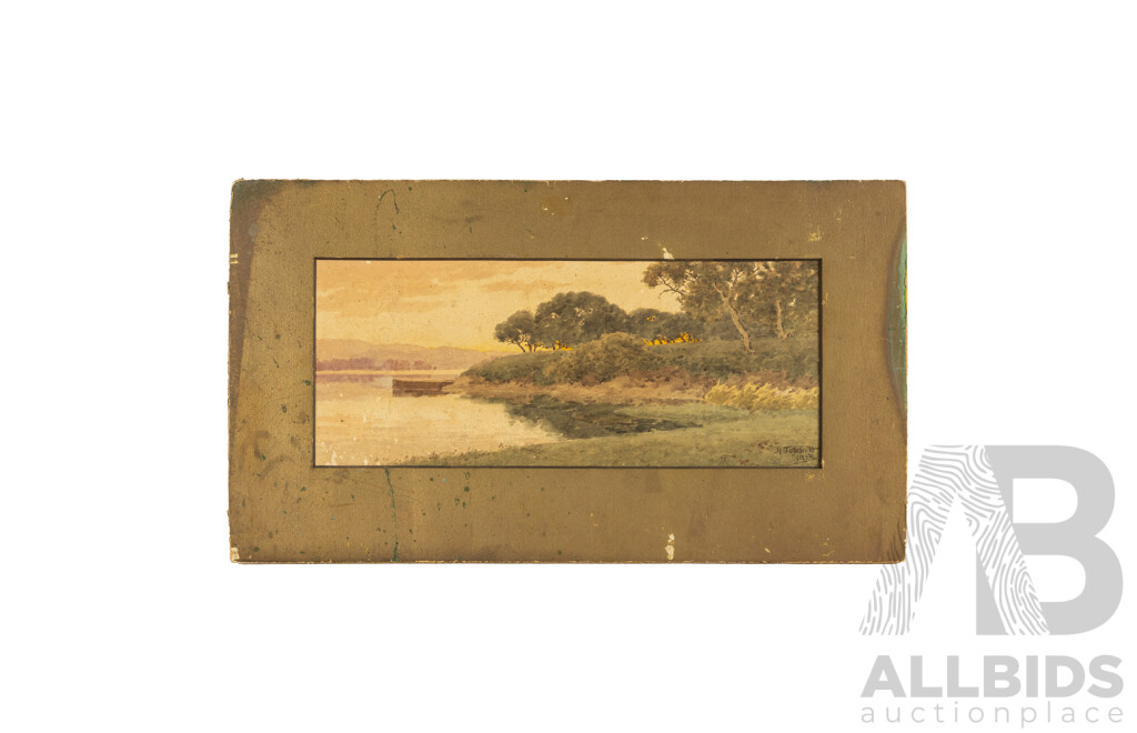 Henri Tebbitt (19/20th Centuries, French-Born British Australian, 1852-1926), Golden Hour River Landscape, Antique Watercolour, 30H x 53W cm (mat board)
