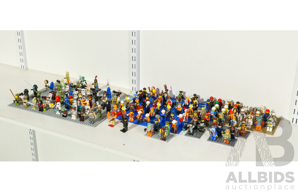 Collection of Lego Figures with Accessories Including Star Wars, Prospector, Construction, Cowboy, Fire Fighters and More
