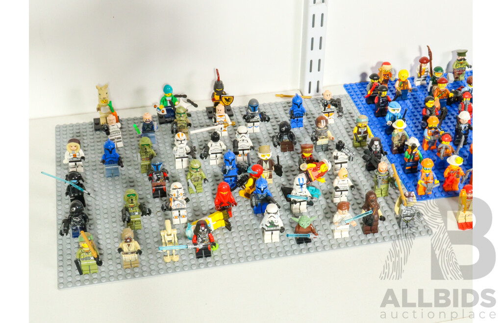 Collection of Lego Figures with Accessories Including Star Wars, Prospector, Construction, Cowboy, Fire Fighters and More