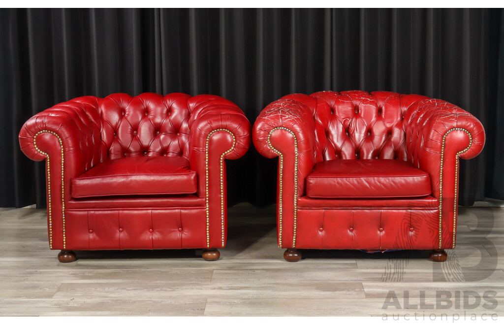 Vintage Red Leather Three Piece Chesterfield Style Lounge Suite