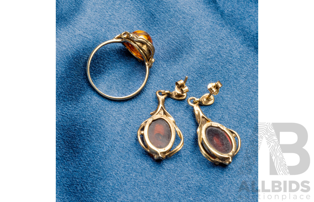 Vintage 925 Sterling Silver Amber Earrings & Ring - Size R.5