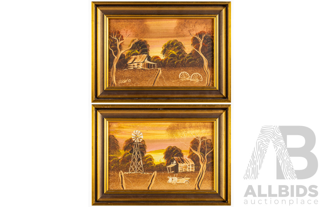 Frank Lewis, (20th Century, Australian), Lone Shed at Dusk & Lone Shed with Wind Mill (^c1982), Pair of Original Oil on Boards, 27H x 37W cm (frames) (2)