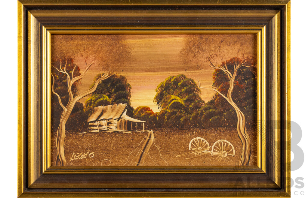 Frank Lewis, (20th Century, Australian), Lone Shed at Dusk & Lone Shed with Wind Mill (^c1982), Pair of Original Oil on Boards, 27H x 37W cm (frames) (2)