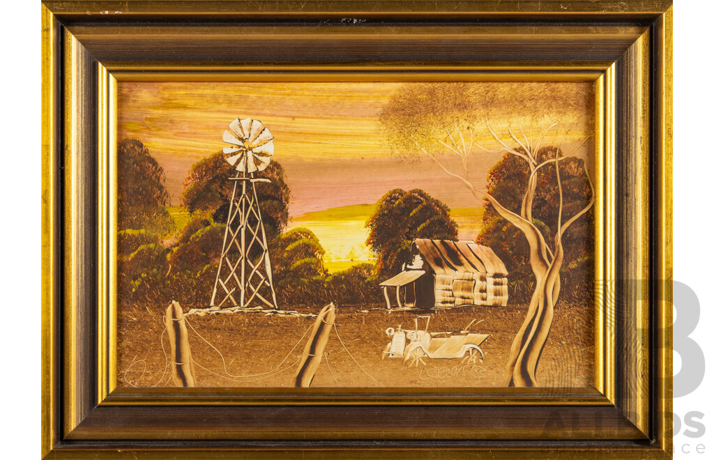 Frank Lewis, (20th Century, Australian), Lone Shed at Dusk & Lone Shed with Wind Mill (^c1982), Pair of Original Oil on Boards, 27H x 37W cm (frames) (2)