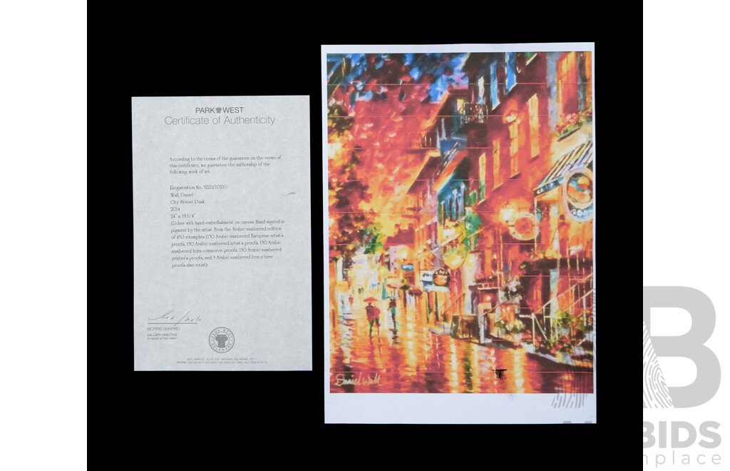 Daniel Wall, (20th Century, American, 1965-), City Street Dusk (2014), Giclee with Hand Embellishment on Canvas, Ed. 228 of 450,  89H x 77 cm (damaged frame)