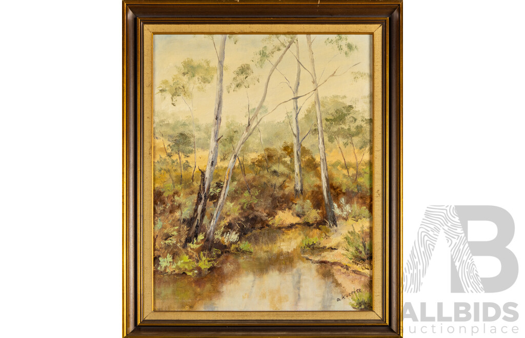 A.Kueffer, (20th Century), Gum Tree Reflections, Original Vintage Oil on Canvas Board, 60H x 50W cm (frame)