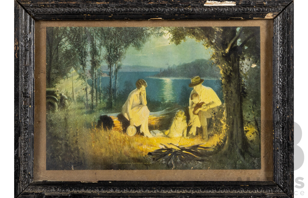 Artist Unknown (20th Century), Marshmallow Roasting with Family, Wonderful Antique Colour Print, 25 x 34.5 cm (frame)