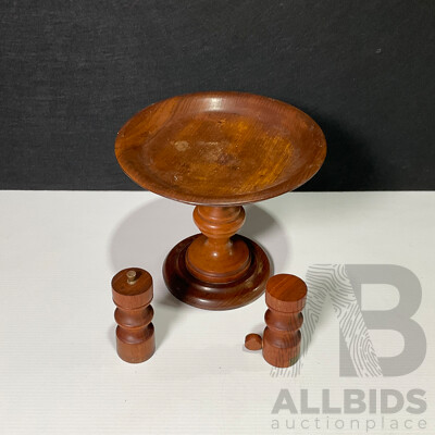 Wooden Pedestal Cake Stand and Matching Salt and Pepper Grinder