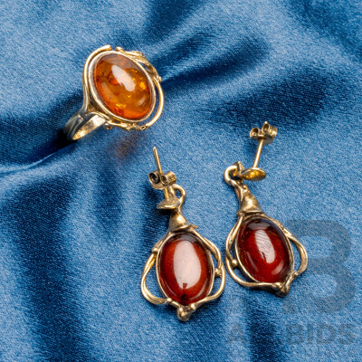 Vintage 925 Sterling Silver Amber Earrings & Ring - Size R.5