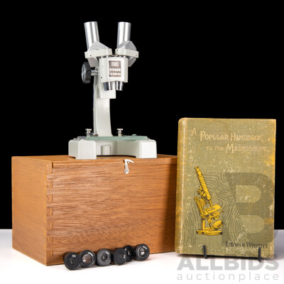 Science World Microscope in Wooden Case Along with a Popular Handbook of the Microscope, L Wright, 1895