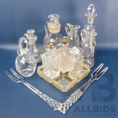 Collection of Antique Glassware Including Oil and Vinegar Pitchers, Cruet Pourers, Etched and Cut Glass, Frosted/Amber Berry Bowl, Glass Salad Serving Forks