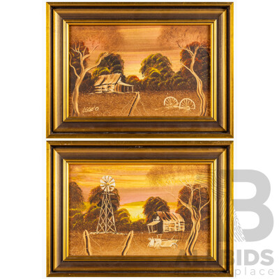 Frank Lewis, (20th Century, Australian), Lone Shed at Dusk & Lone Shed with Wind Mill (^c1982), Pair of Original Oil on Boards, 27H x 37W cm (frames) (2)