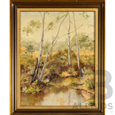 A.Kueffer, (20th Century), Gum Tree Reflections, Original Vintage Oil on Canvas Board, 60H x 50W cm (frame)