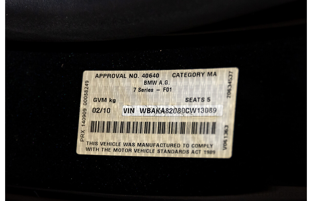 2/2010 BMW 750i F01 4d Sedan Sapphire Black Metallic Twin Turbo V8 4.4L