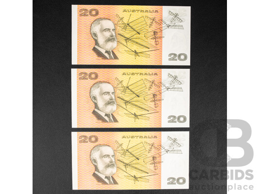 Three Australian 1974 Twenty Dollar Notes, Phillips/Wheeler, Consecutive XHC 993449-XHC 993451, R405