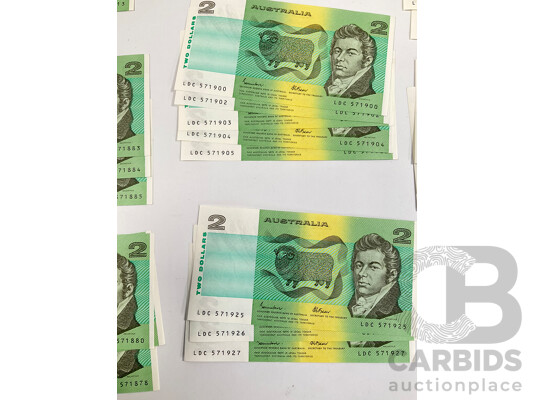 Twenty Six Australian 1984 Two Dollar Notes. Johnston/Fraser, Semi Consecutive LDC 571875/LDC 571927