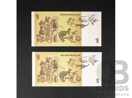 Two Australian 1976 One Dollar Notes, Knight/Wheeler, Consecutive BYY 487471/2, R76a