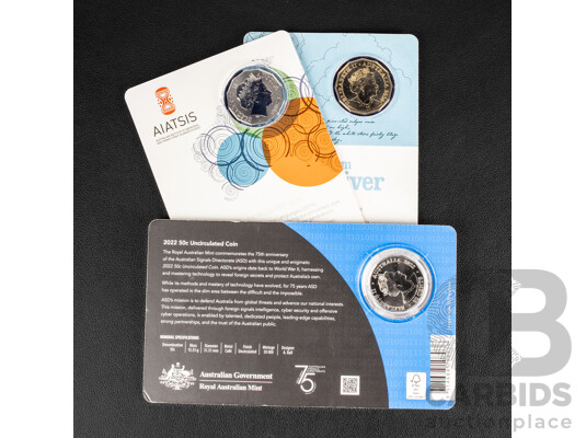 Three Australian Commemorative Fifty Cent Coins 2019 Indigenous Languages, 2020 Man From Snowy River, 2022 75th Anniversary Australian Signal Directorate