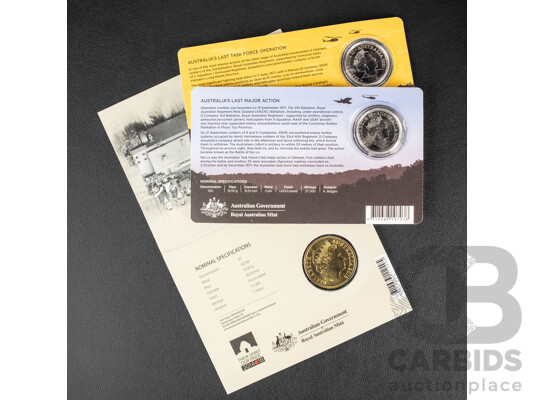 Two Australian 2021 Fifty Cent Coins, Vietnam War, 2016 Five Dollar coin, Vietnam War