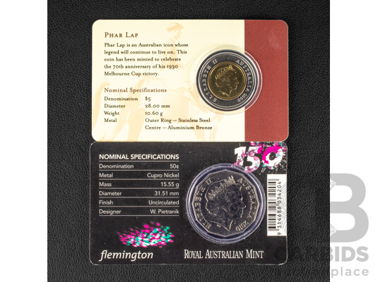 Australian 2000 Five Dollar and 2010 Fifty Cent Coin, Pharlap