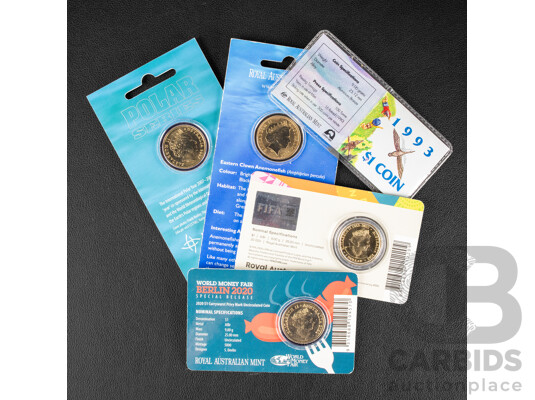 Five Australian Commemorative One Dollar Coins Coins