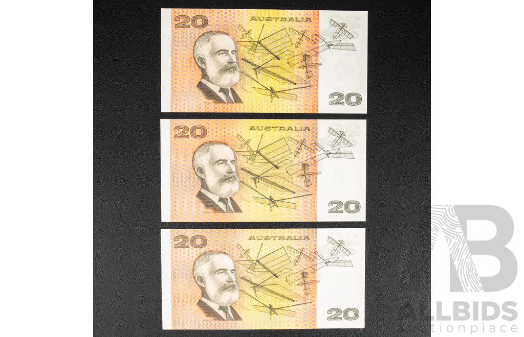 Three Australian 1974 Twenty Dollar Notes, Phillips/Wheeler, Consecutive XHC 993449-XHC 993451, R405