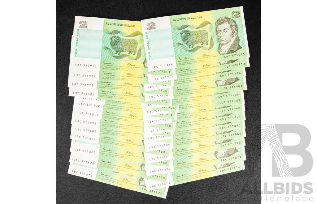 Twenty Six Australian 1984 Two Dollar Notes. Johnston/Fraser, Semi Consecutive LDC 571875/LDC 571927