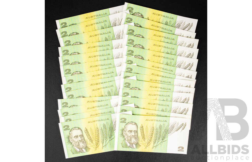 Twenty Six Australian 1984 Two Dollar Notes. Johnston/Fraser, Semi Consecutive LDC 571875/LDC 571927