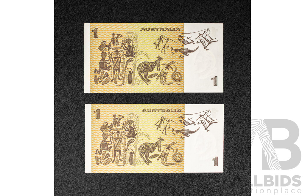 Two Australian 1976 One Dollar Notes, Knight/Wheeler, Consecutive BYY 487471/2, R76a