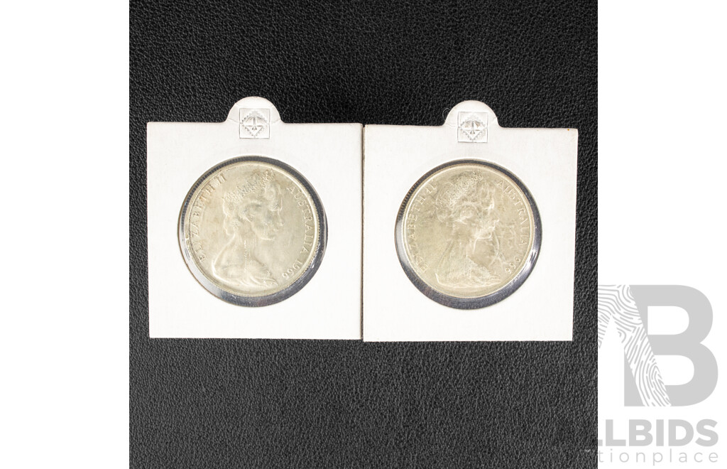Two Australian 1966 UNC Round Silver Fifty Cent Coins .800
