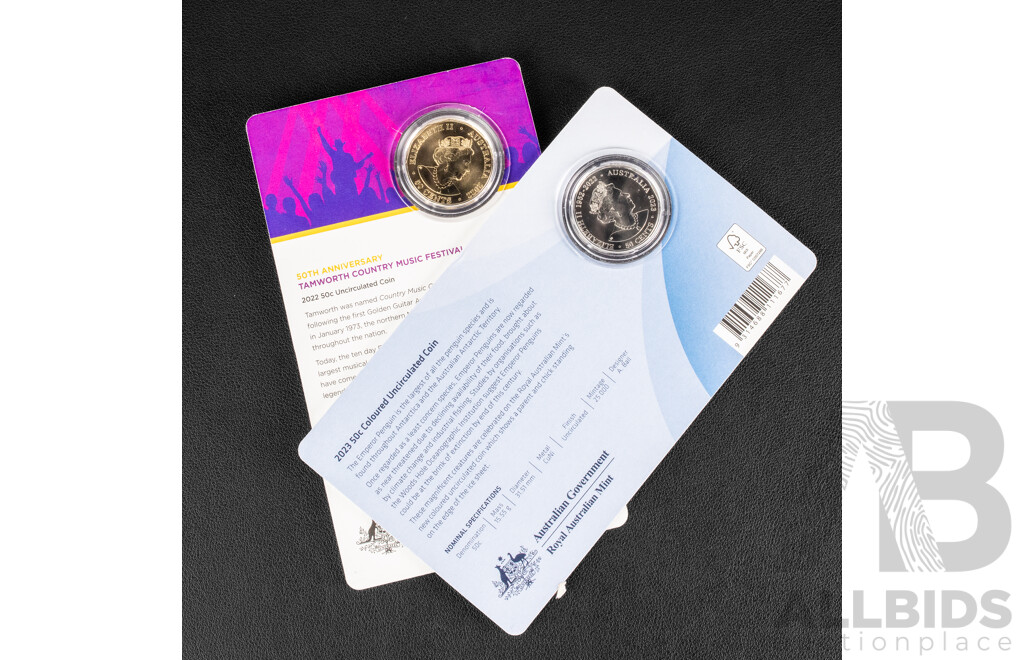 Two Australian Fifty Cent Coins, 2022 Tamworth Music Festival, 2023 Emperor Penguin
