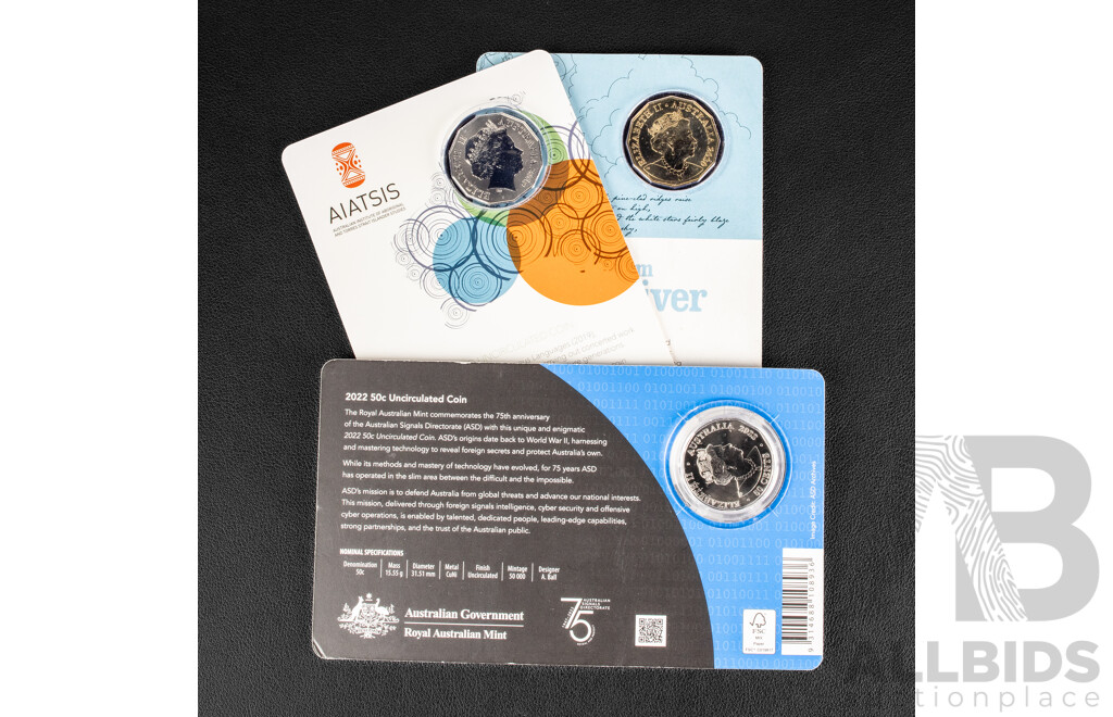 Three Australian Commemorative Fifty Cent Coins 2019 Indigenous Languages, 2020 Man From Snowy River, 2022 75th Anniversary Australian Signal Directorate